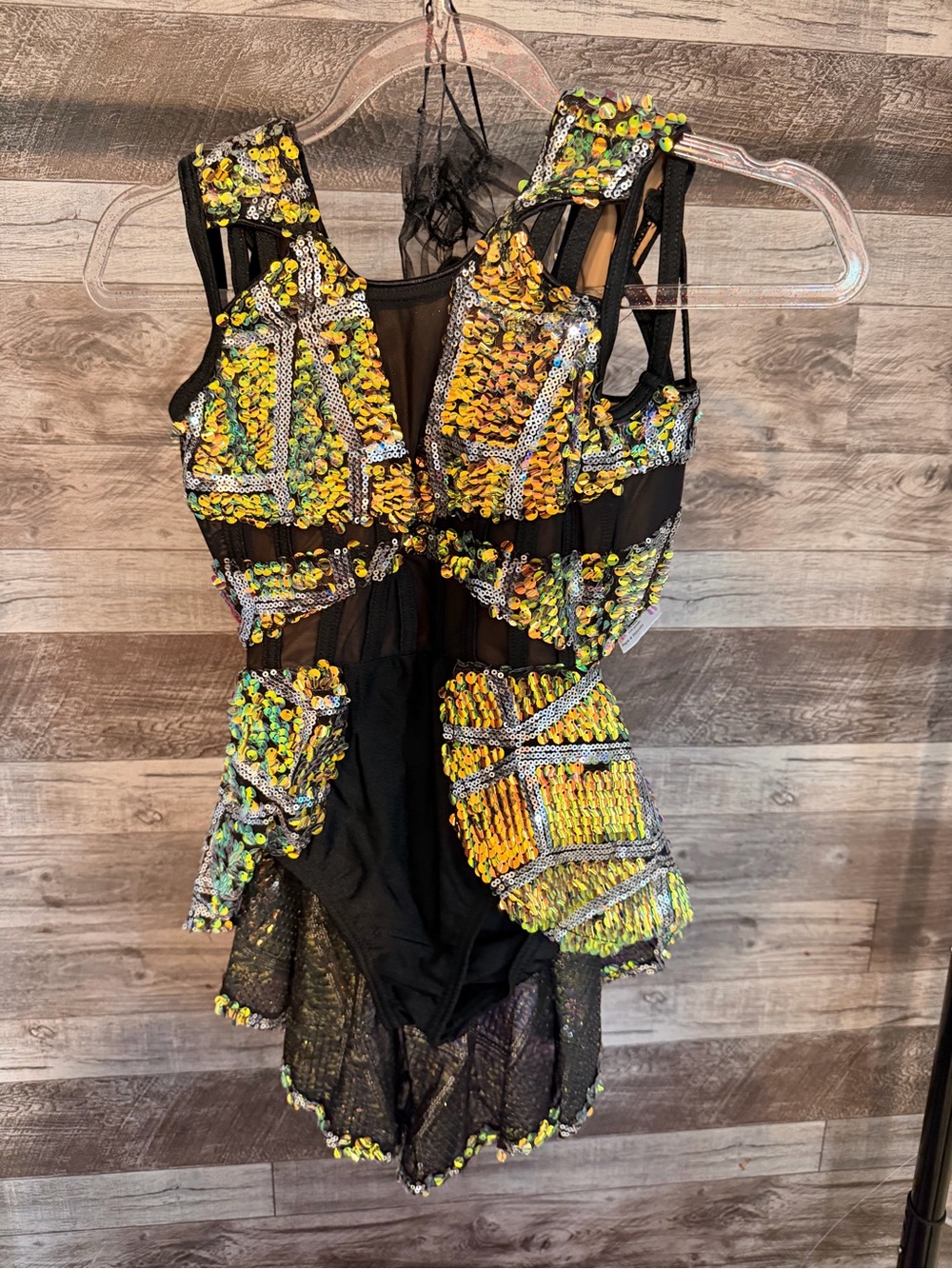 Girls Black Dance Leotard with Yellow Sequin Accents